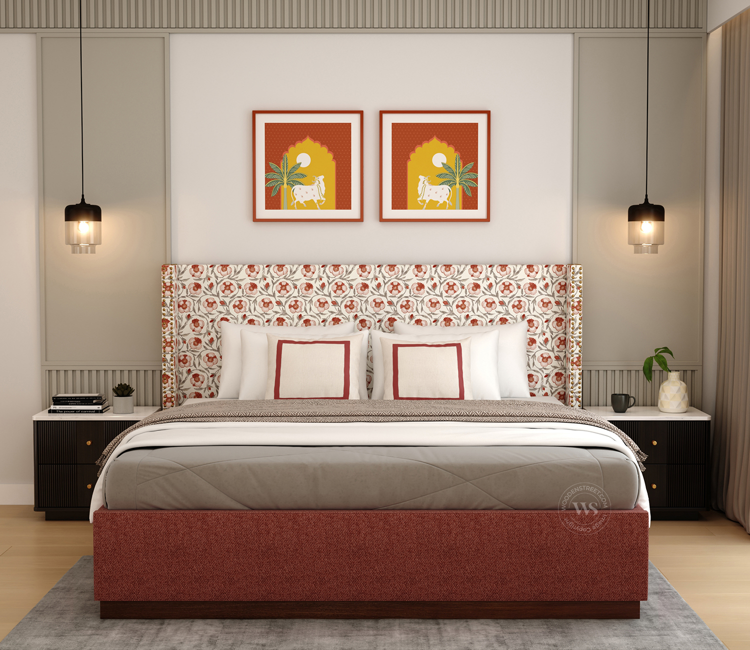 Kesarth Luxe Fabric Bed with High Rise Headboard & Storage (Queen Size, Red Upholstery)