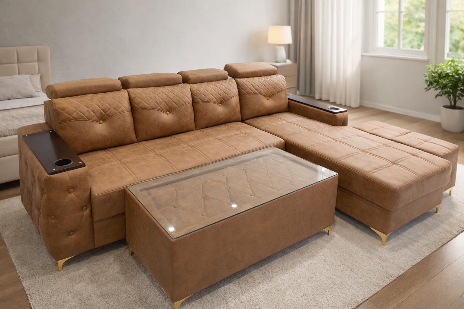 Premium Caramel Tufted L-Shape Sofa with Cup Holders & Glass Center Table