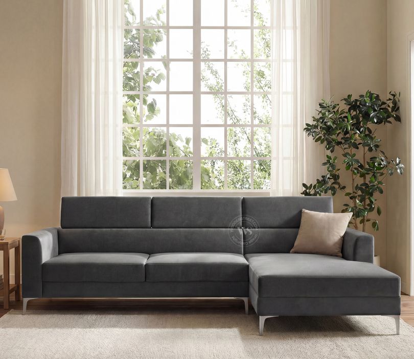 Albert L Shape Right Aligned Corner Sofa with Tilt-Adjustable Headrests (Velvet, Graphite Grey)