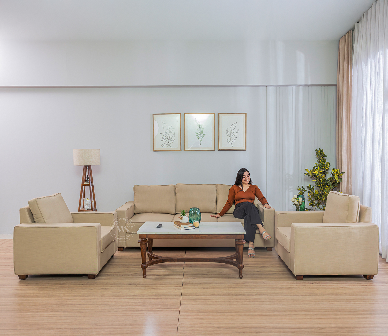 Albus 3+1+1 Seater Fabric Sofa Set (Cotton, Irish Cream)