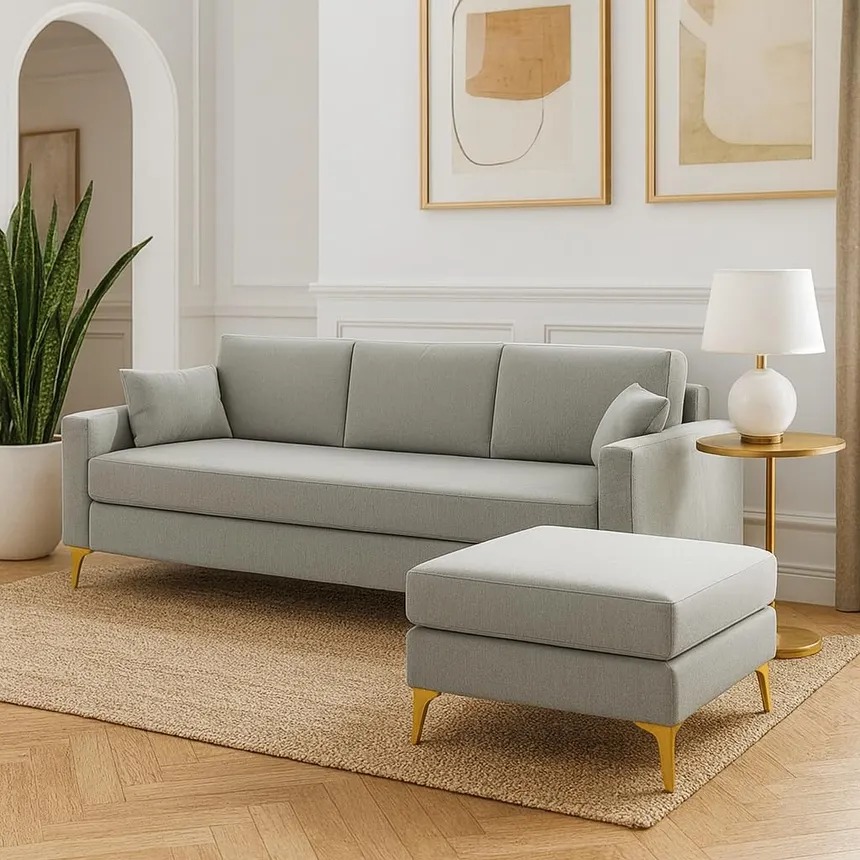 Modern Minimalist L-Shape Sofa with Ottoman (Beige Fabric)