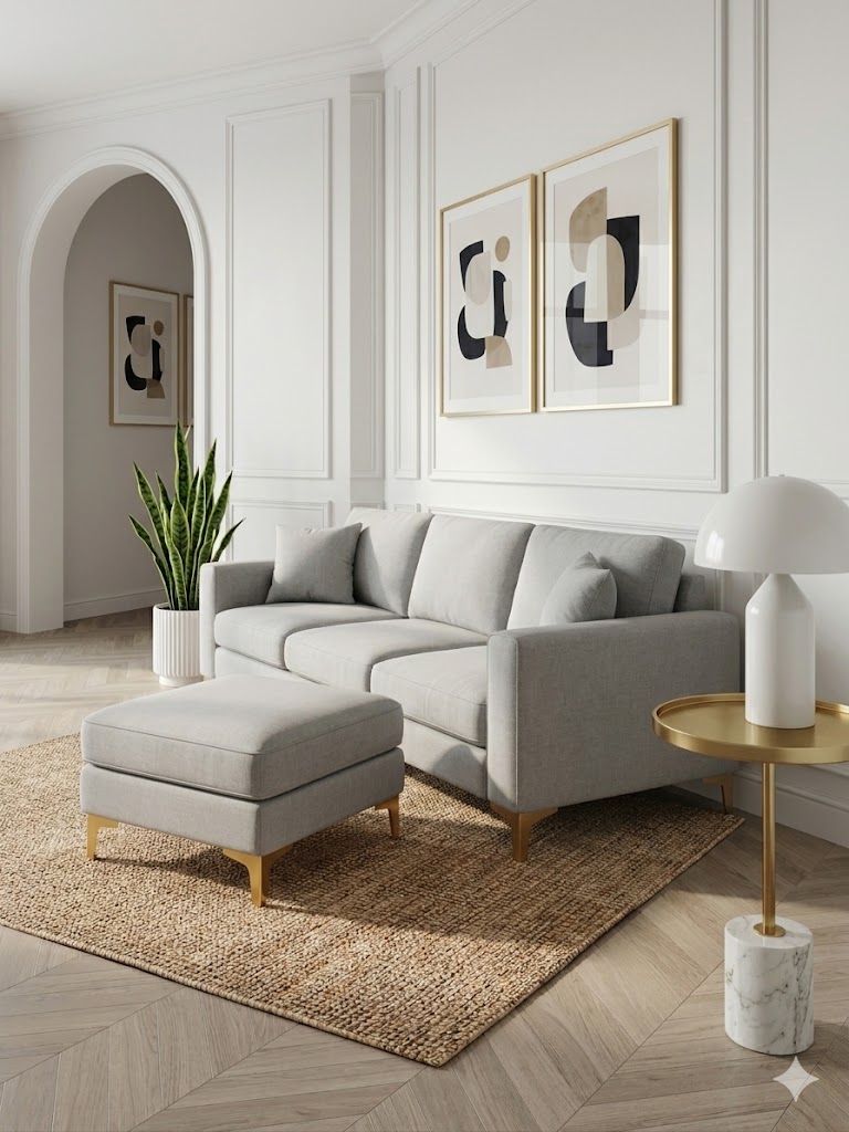 Modern Minimalist L-Shape Sofa with Ottoman (Beige Fabric)