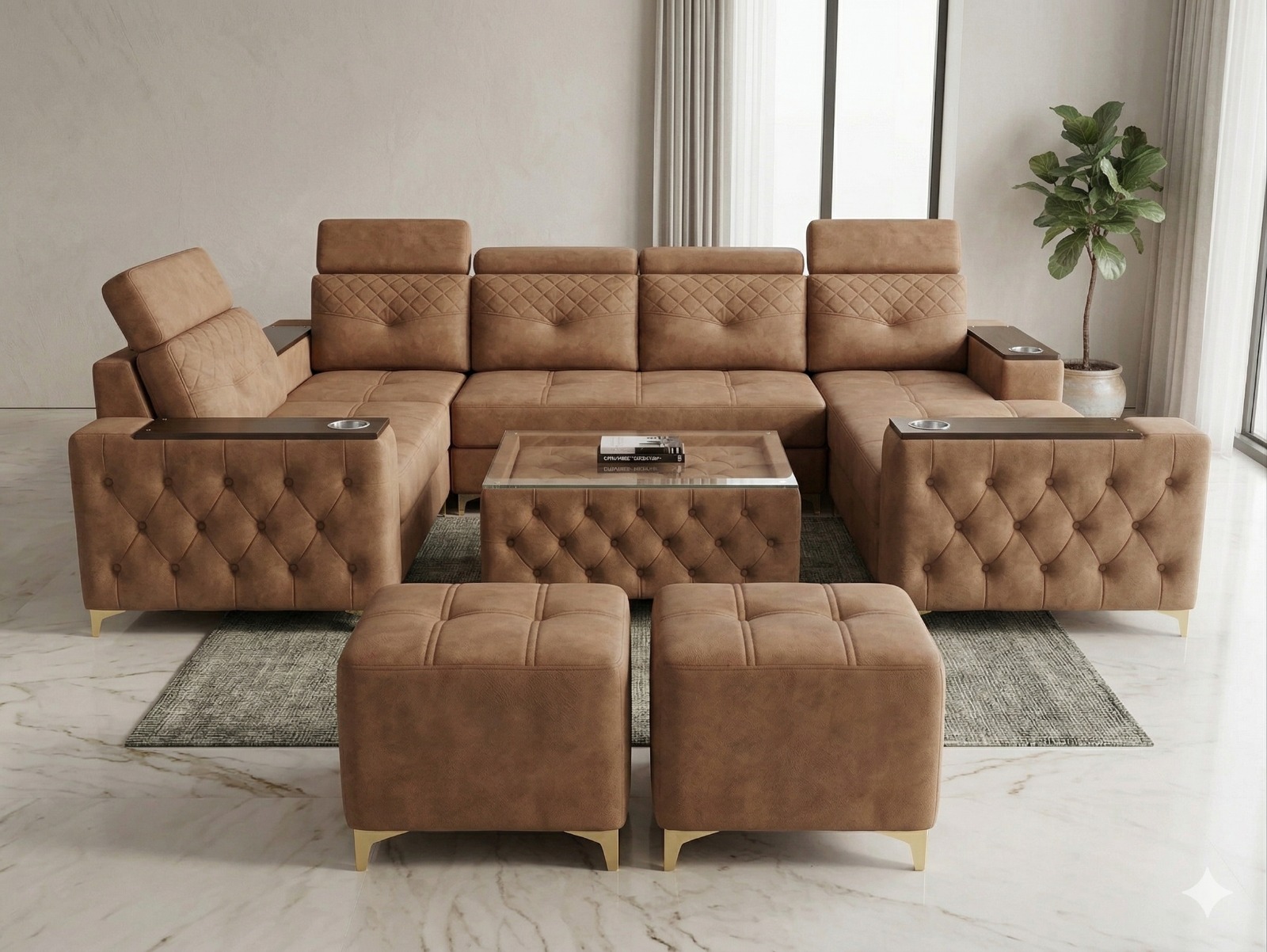 Premium Caramel Tufted L-Shape Sofa with Cup Holders & Glass Center Table