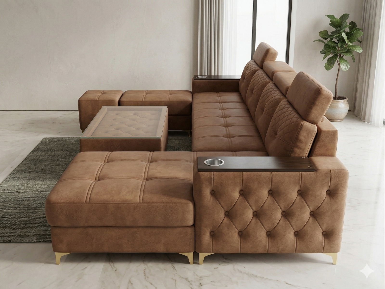 Premium Caramel Tufted L-Shape Sofa with Cup Holders & Glass Center Table